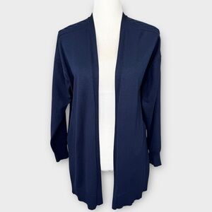 Verve Ami Navy Blue Long Cardigan Sweater L Open Front Chic Lattice Accent EUC